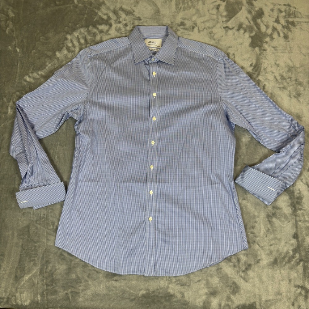 Charles Tyrwhitt Dress Shirt Mens 17/37 Blue Micro Check Non Iron Slim French